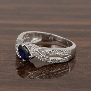 Cluster 6X4 MM Oval Natural Blue Sapphire 925 Sterling Silver Women Wedding Ring